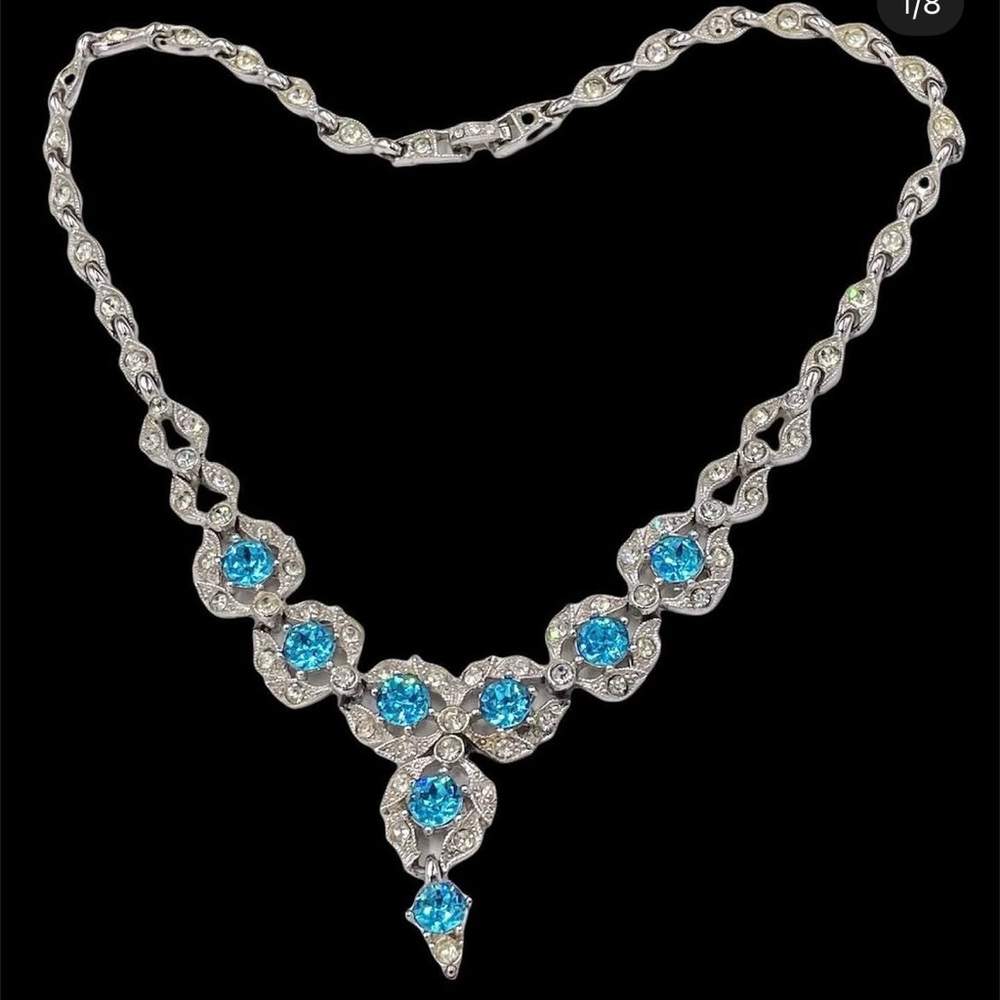 Stunning Vintage Bogoff Aqua Rhinestone Necklace